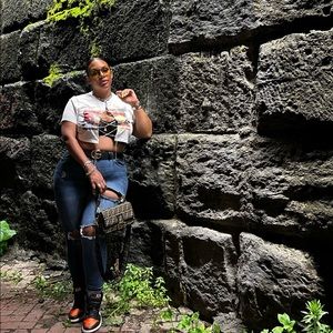 Plus Car and Letter Graphic Crisscross Rhinestone Chain Front Crop Top